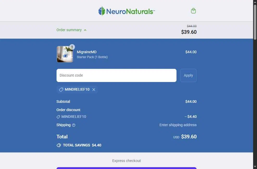 NeuroNaturals checkout page showing NeuroNaturals promo code box | Screenshot taken by SimplyCodes community member on Aug 12, 2025
