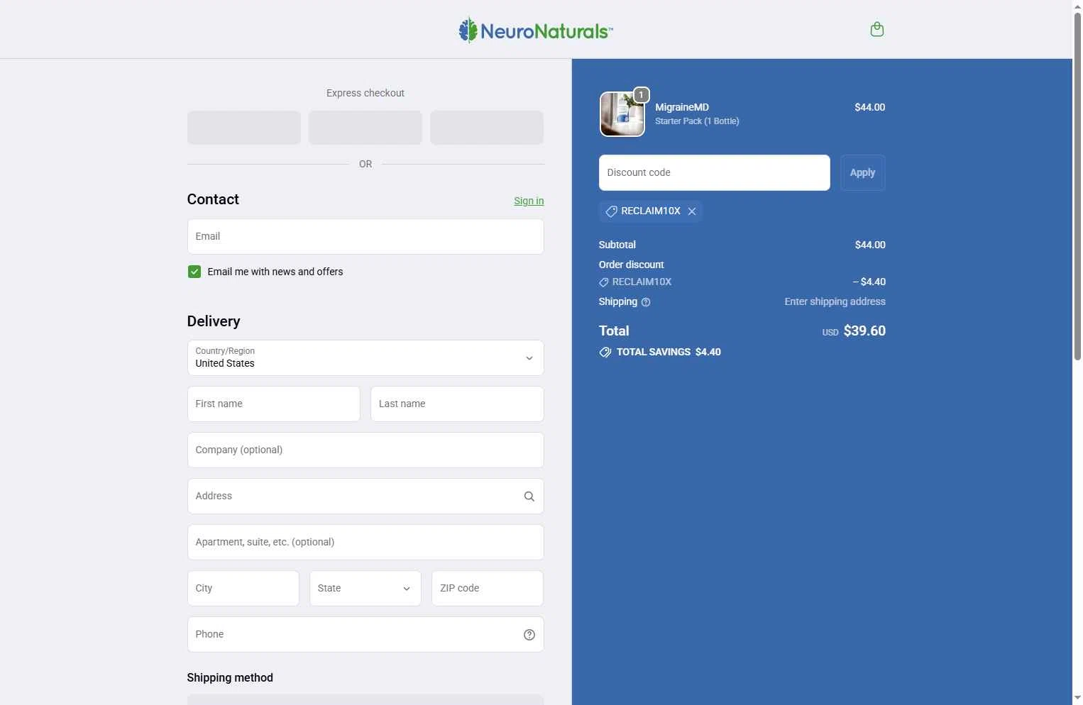 NeuroNaturals checkout page showing NeuroNaturals promo code box | Screenshot taken by SimplyCodes community member on Dec 14, 2025