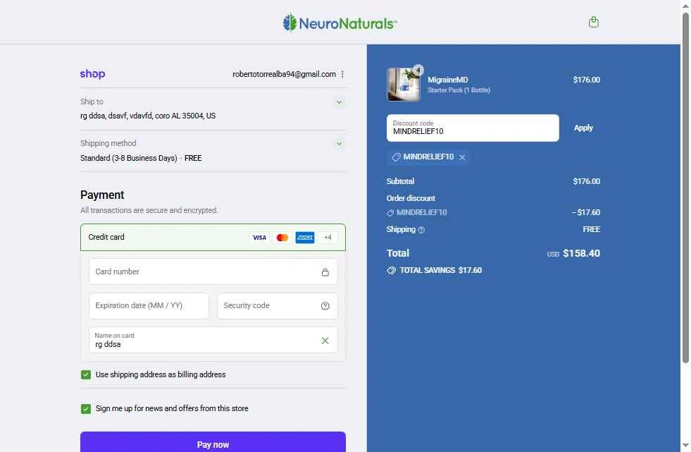 NeuroNaturals checkout page showing NeuroNaturals promo code box | Screenshot taken by SimplyCodes community member on Sep 10, 2025