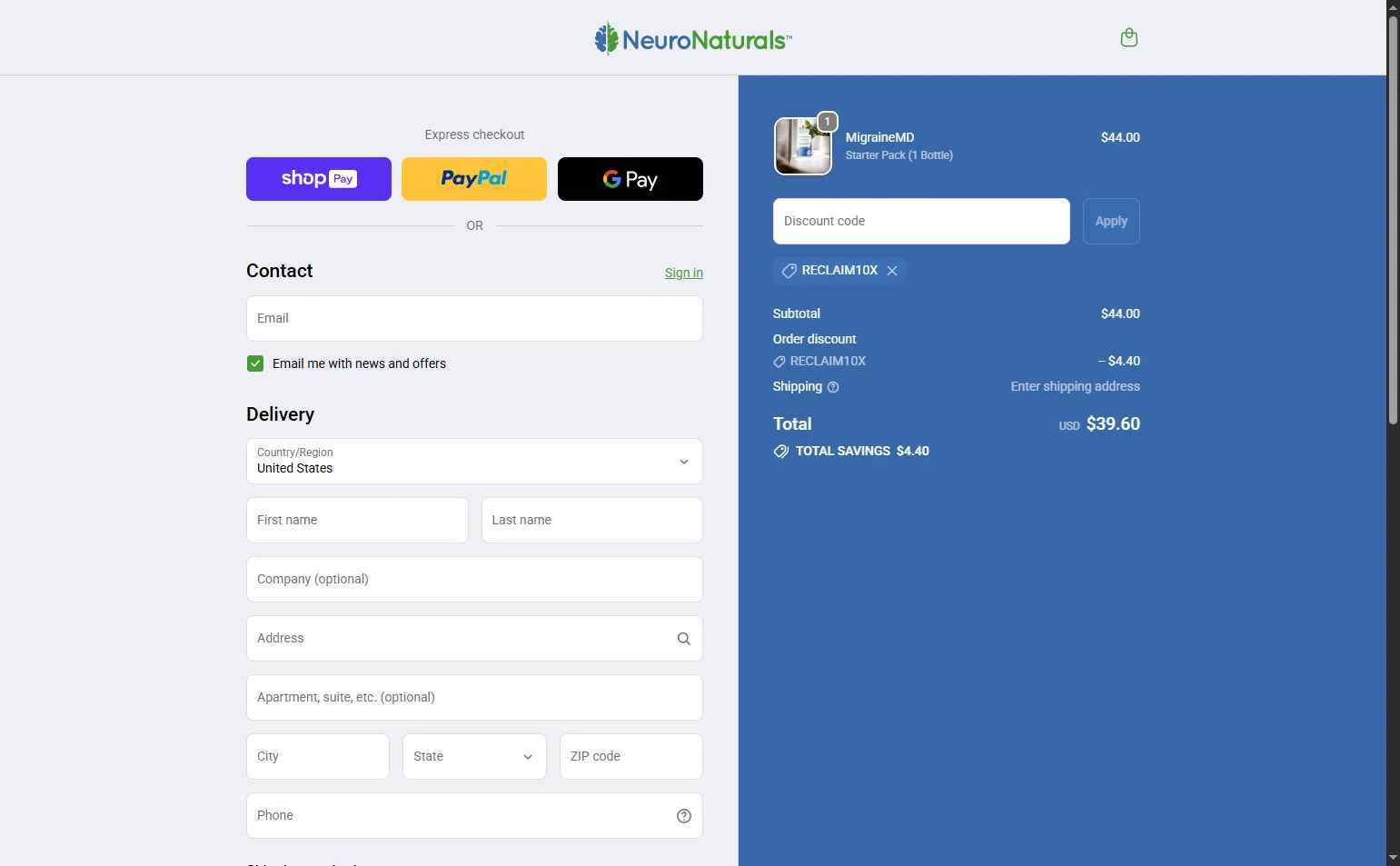 NeuroNaturals checkout page showing NeuroNaturals promo code box | Screenshot taken by SimplyCodes community member on Jan 12, 2026