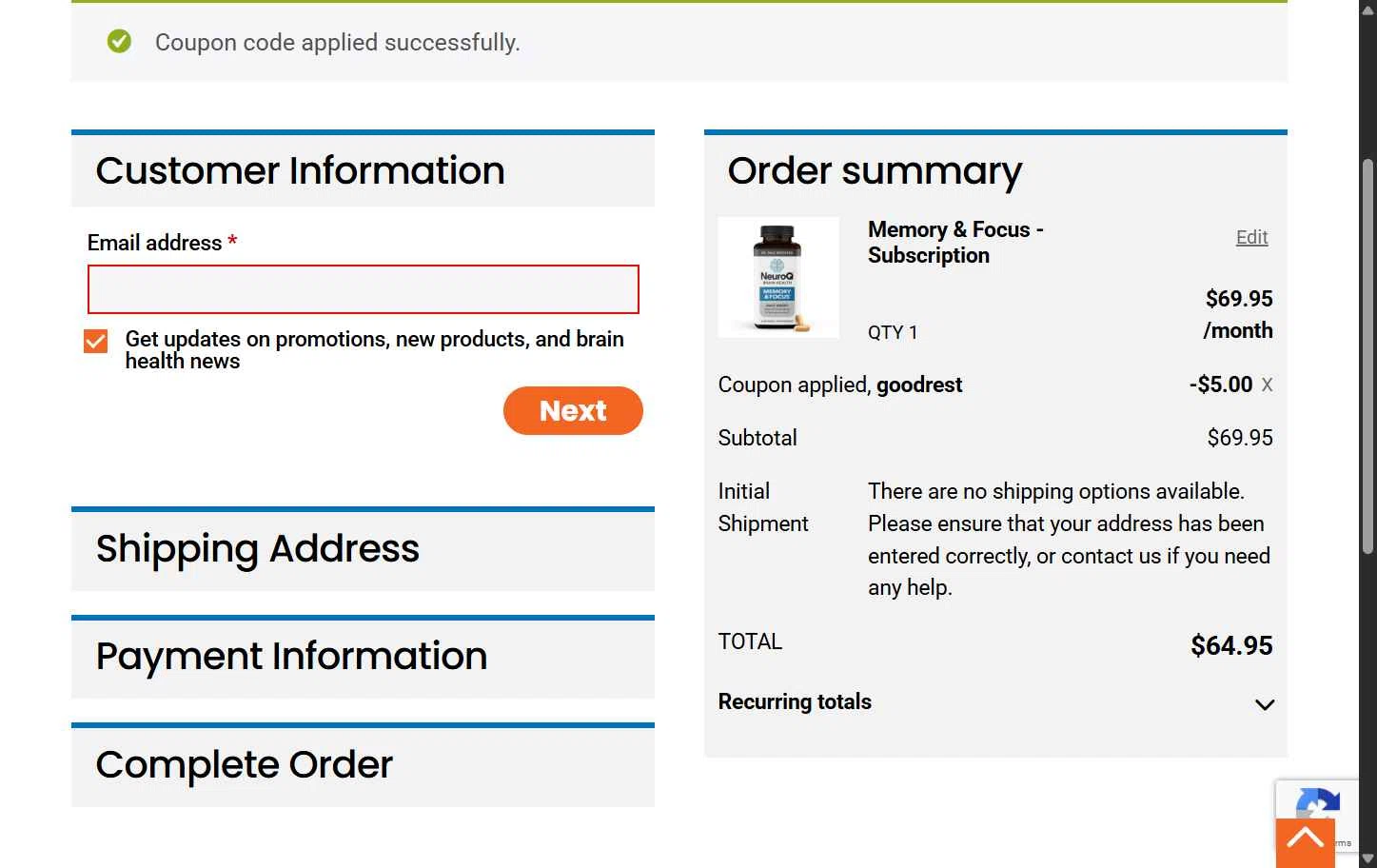 NeuroQ checkout page showing NeuroQ promo code box | Screenshot taken by SimplyCodes community member on Oct 10, 2025