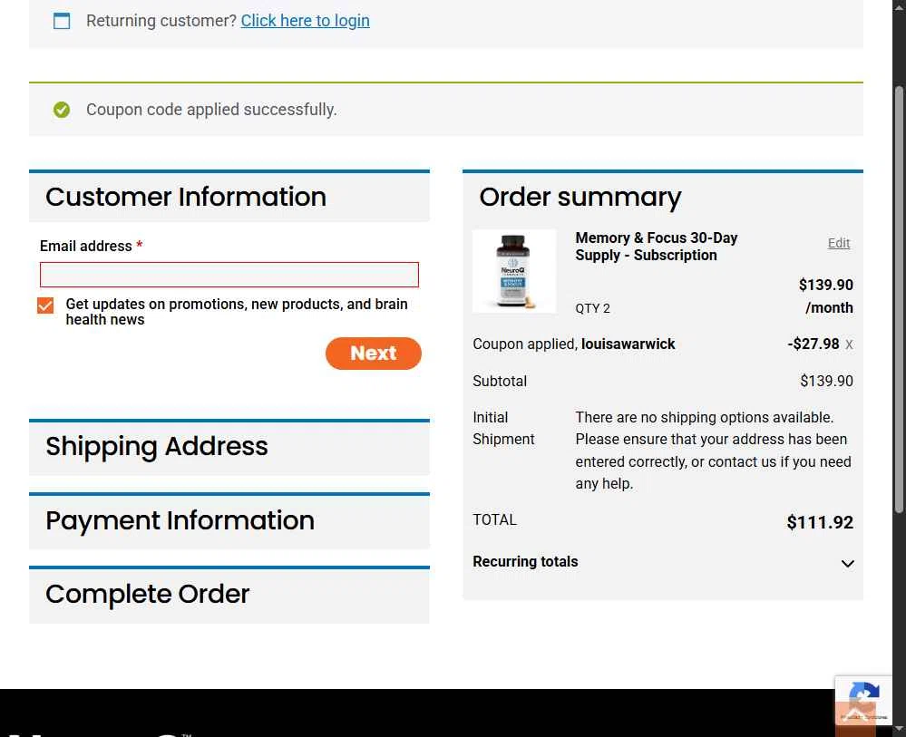 NeuroQ checkout page showing NeuroQ promo code box | Screenshot taken by SimplyCodes community member on Oct 25, 2025