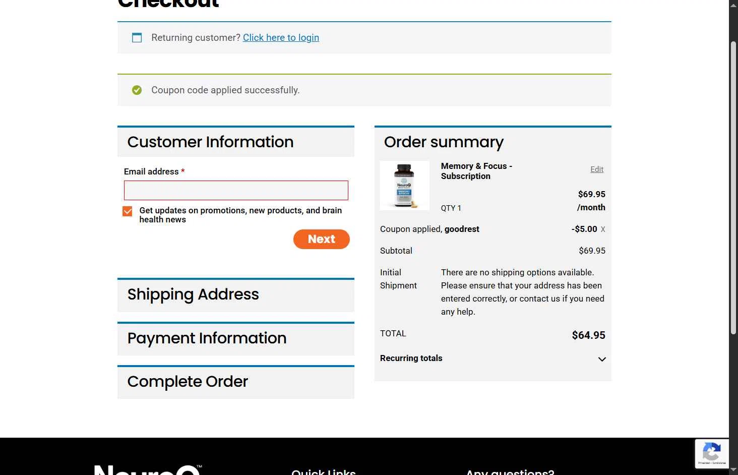 NeuroQ checkout page showing NeuroQ promo code box | Screenshot taken by SimplyCodes community member on Oct 10, 2025