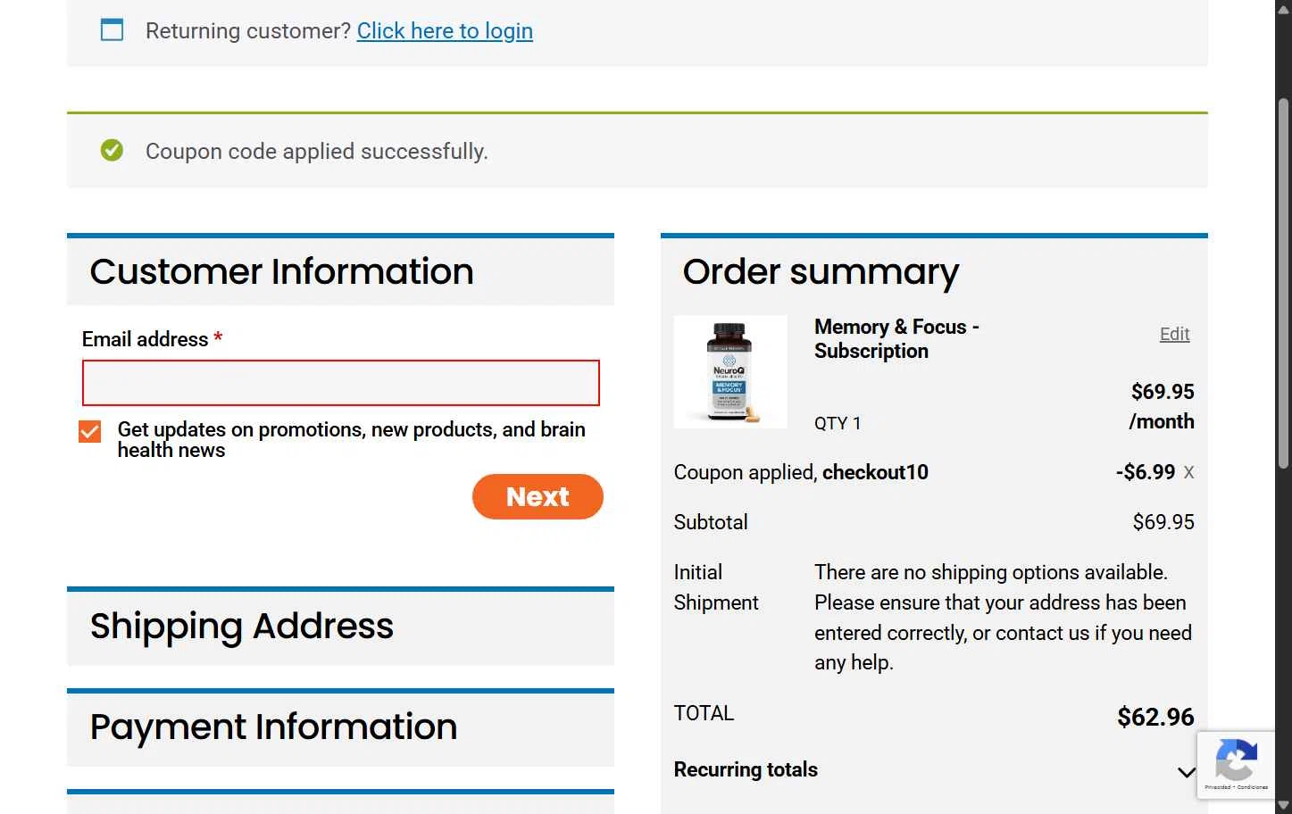 NeuroQ checkout page showing NeuroQ promo code box | Screenshot taken by SimplyCodes community member on Oct 1, 2025