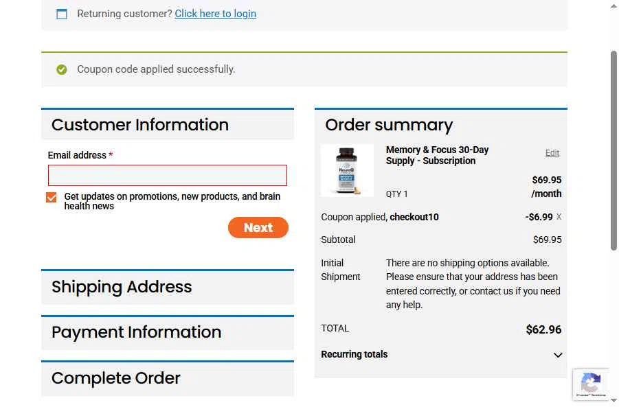 NeuroQ checkout page showing NeuroQ promo code box | Screenshot taken by SimplyCodes community member on Oct 30, 2025