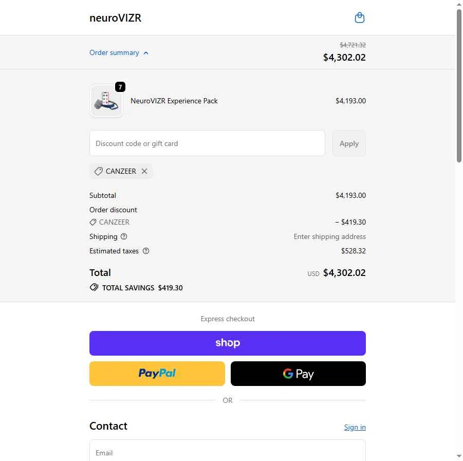 NeuroVizr checkout page showing NeuroVizr discount code box | Screenshot taken by SimplyCodes community member on Feb 21, 2026