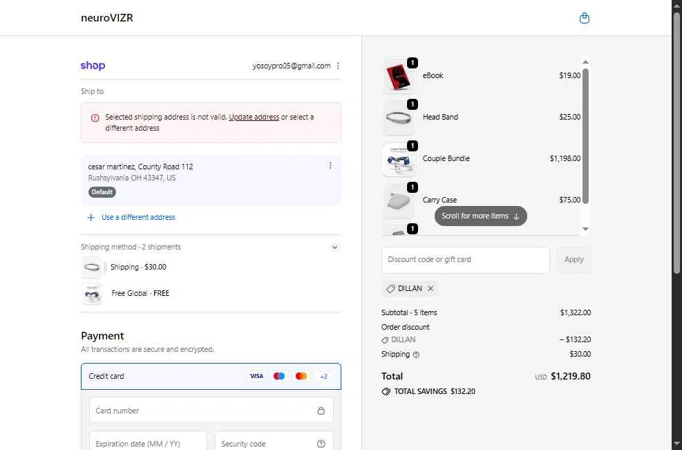 NeuroVizr checkout page showing NeuroVizr discount code box | Screenshot taken by SimplyCodes community member on Feb 23, 2026