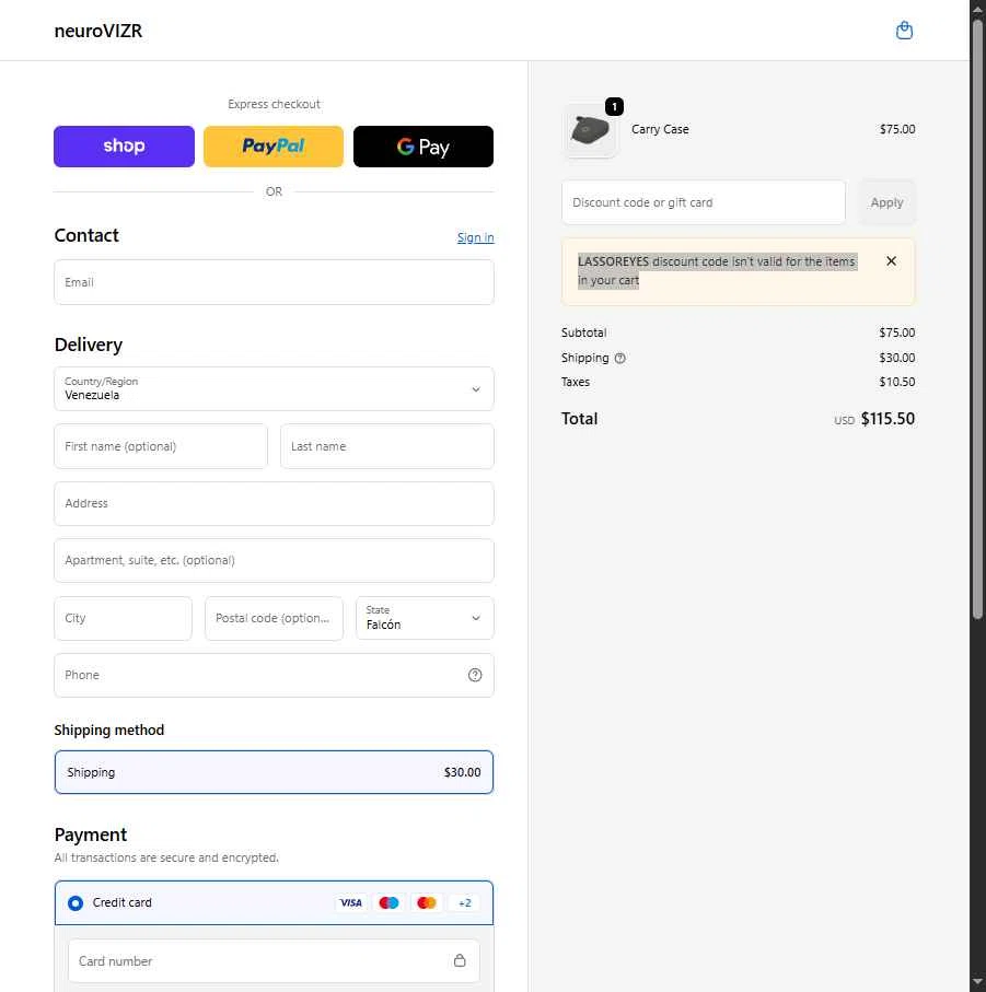 NeuroVizr checkout page showing NeuroVizr discount code box | Screenshot taken by SimplyCodes community member on Feb 14, 2026