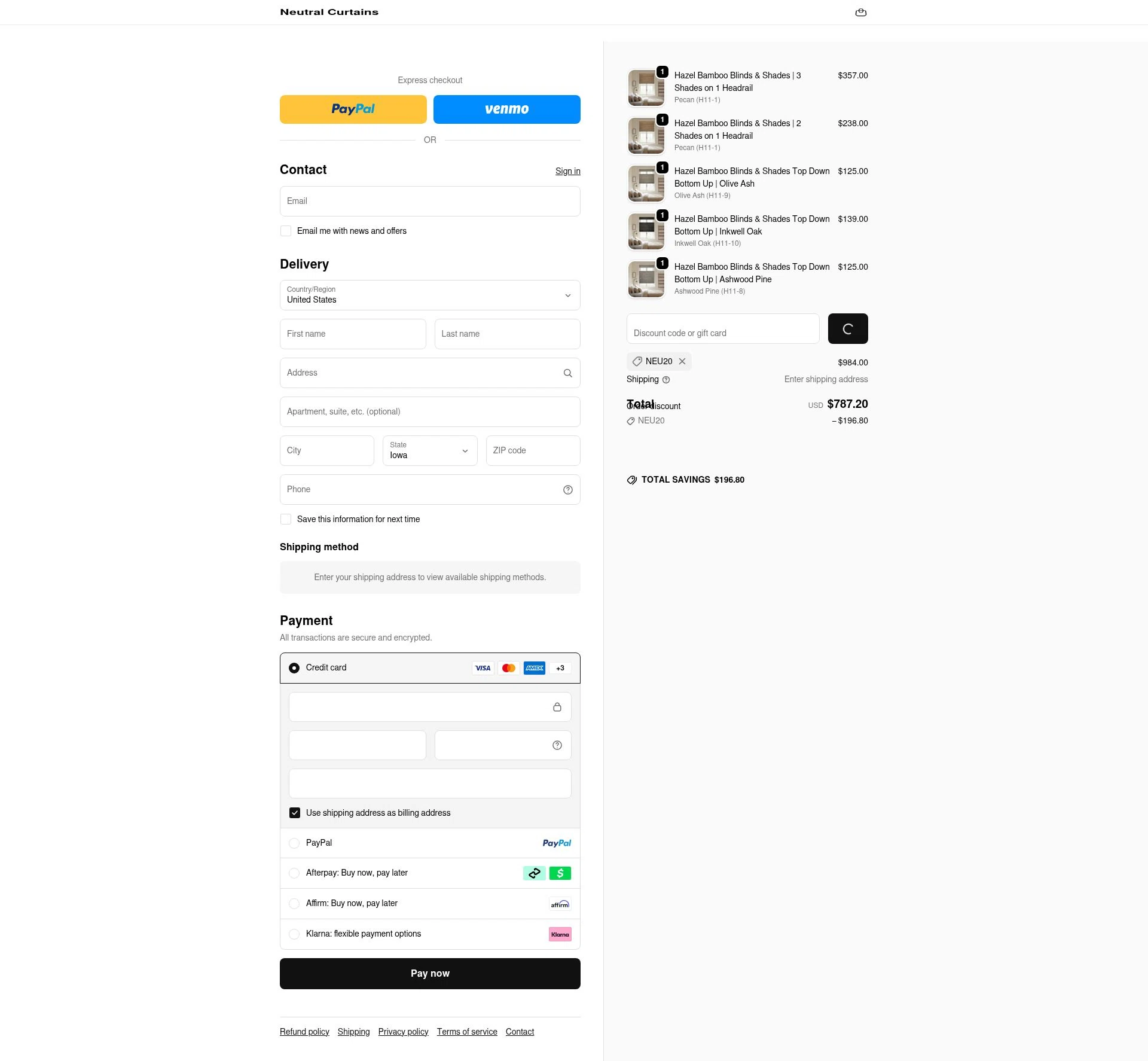 Neutral Curtains checkout page showing Neutral Curtains coupon code box | Screenshot taken by SimplyCodes community member on Jan 10, 2026