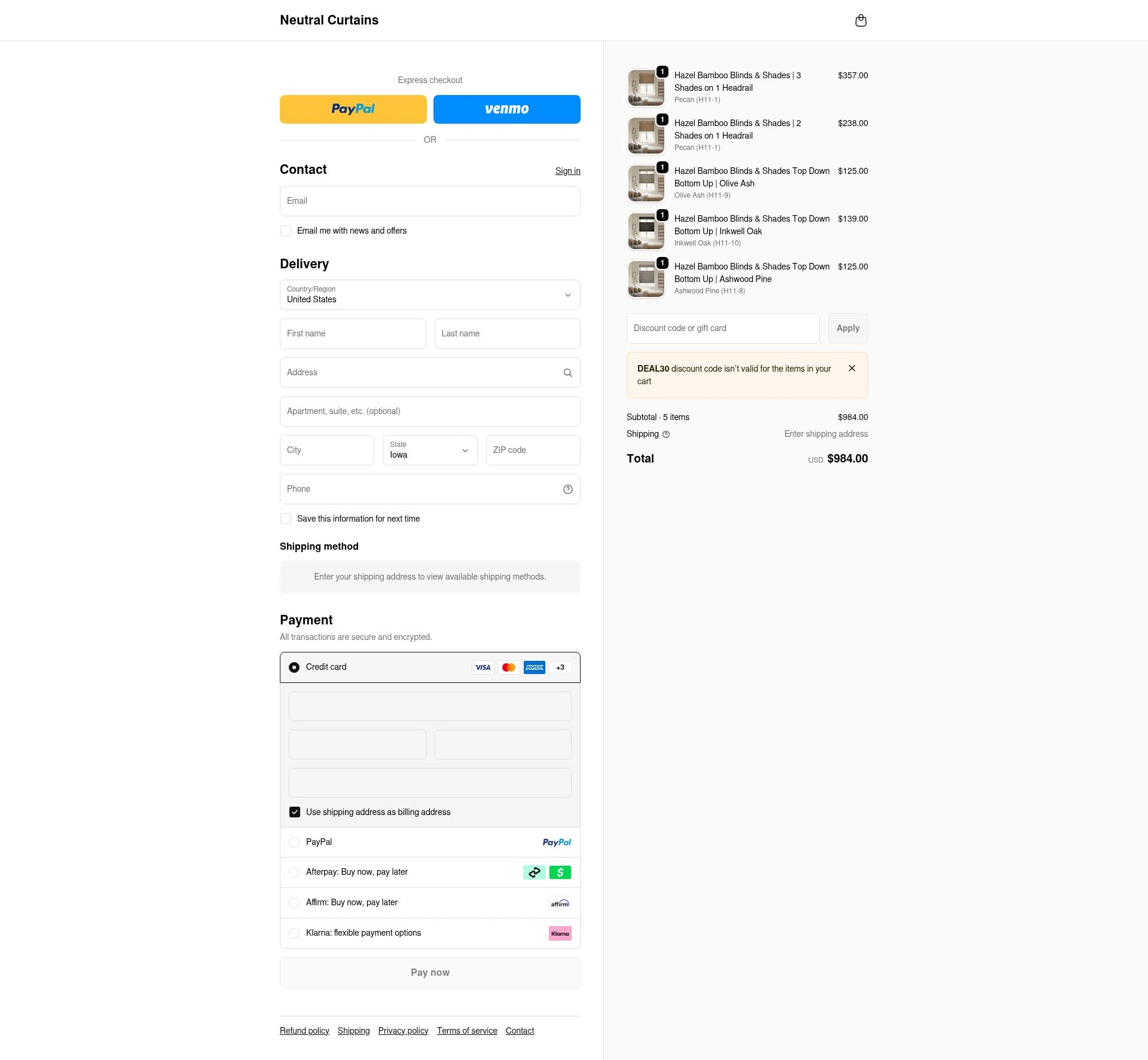 Neutral Curtains checkout page showing Neutral Curtains coupon code box | Screenshot taken by SimplyCodes community member on Jan 10, 2026