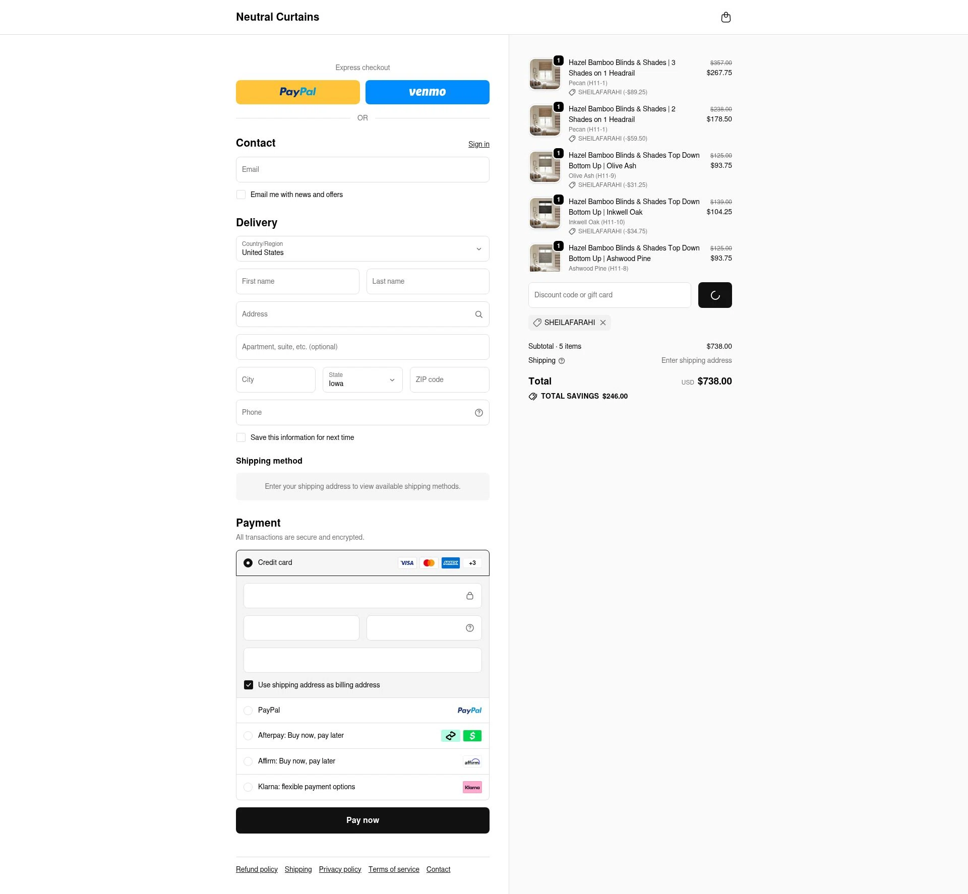 Neutral Curtains checkout page showing Neutral Curtains coupon code box | Screenshot taken by SimplyCodes community member on Jan 10, 2026