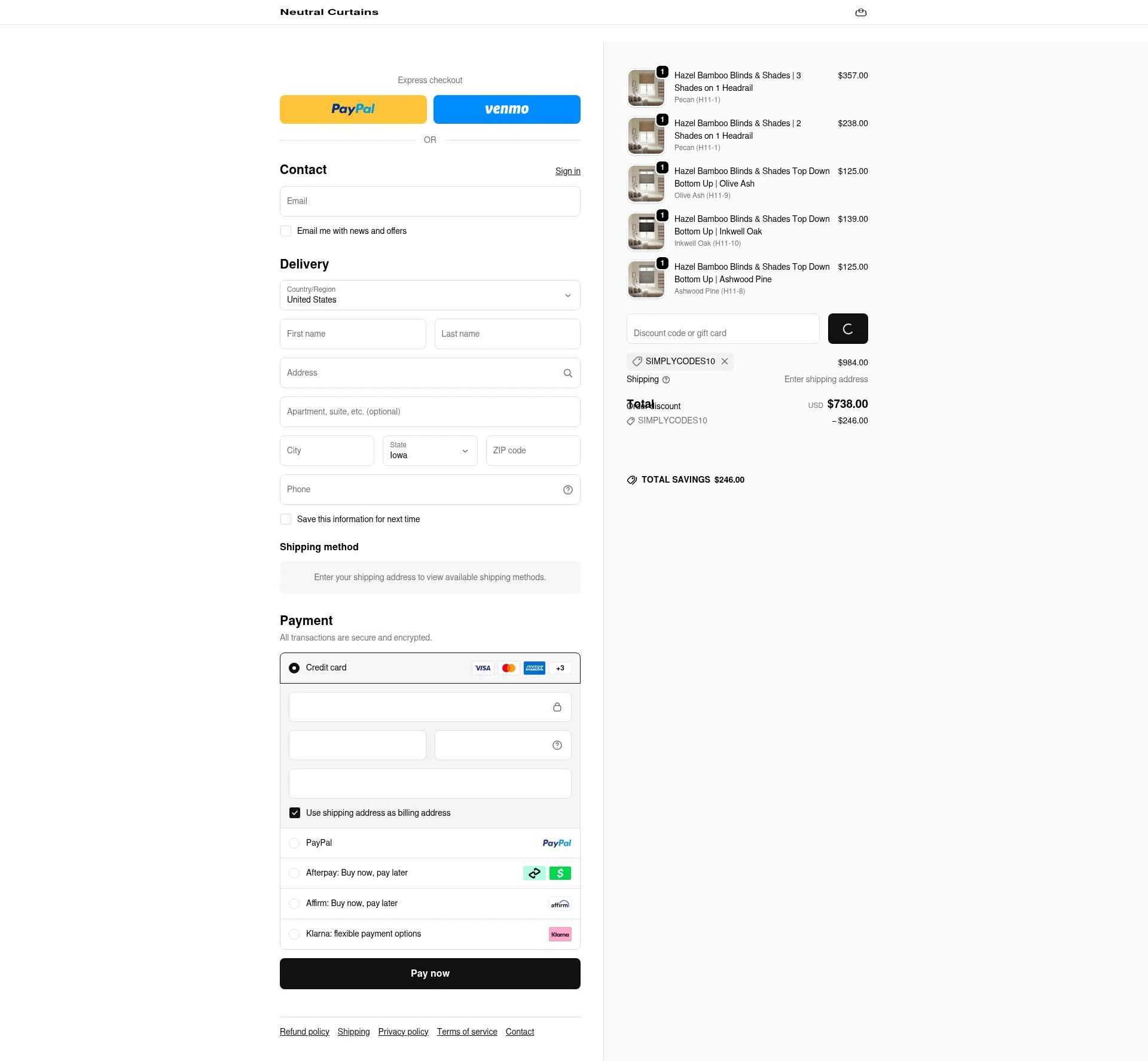 Neutral Curtains checkout page showing Neutral Curtains coupon code box | Screenshot taken by SimplyCodes community member on Jan 10, 2026