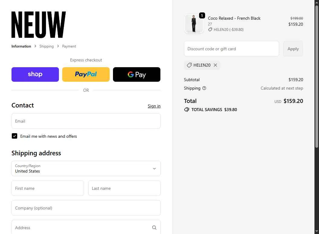 Neuw Denim checkout page showing Neuw Denim discount code box | Screenshot taken by SimplyCodes community member on Jan 14, 2026
