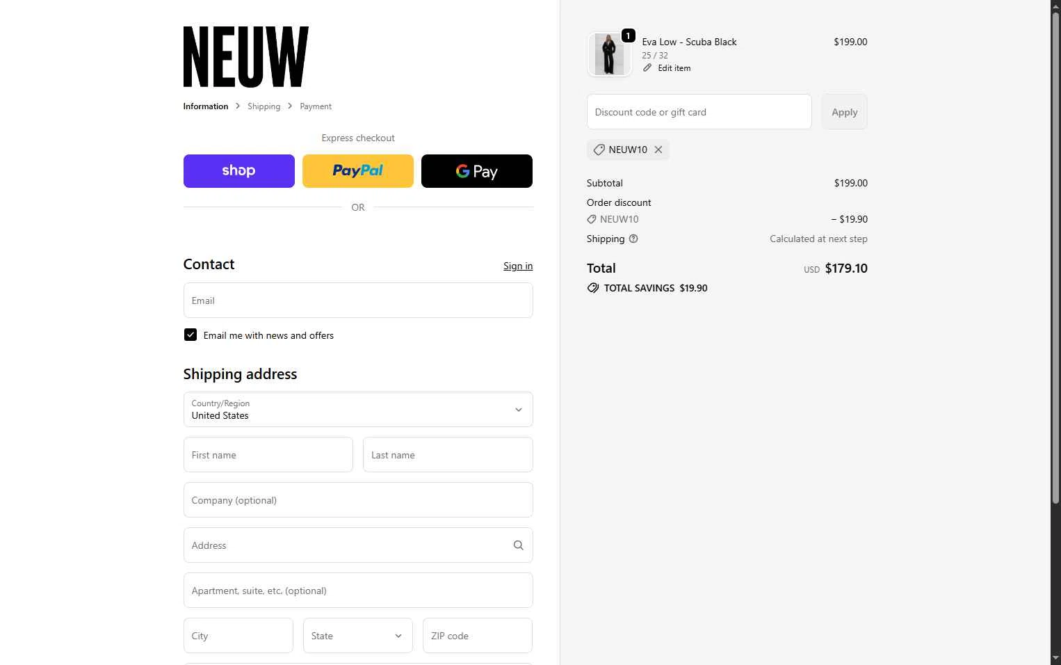 Neuw Denim checkout page showing Neuw Denim discount code box | Screenshot taken by SimplyCodes community member on Feb 20, 2026