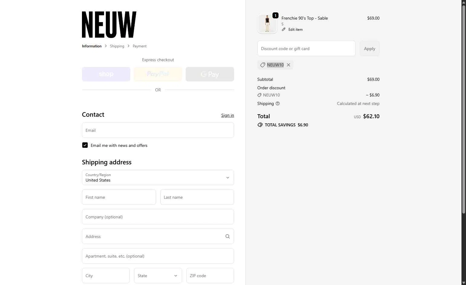 Neuw Denim checkout page showing Neuw Denim discount code box | Screenshot taken by SimplyCodes community member on Jan 17, 2026