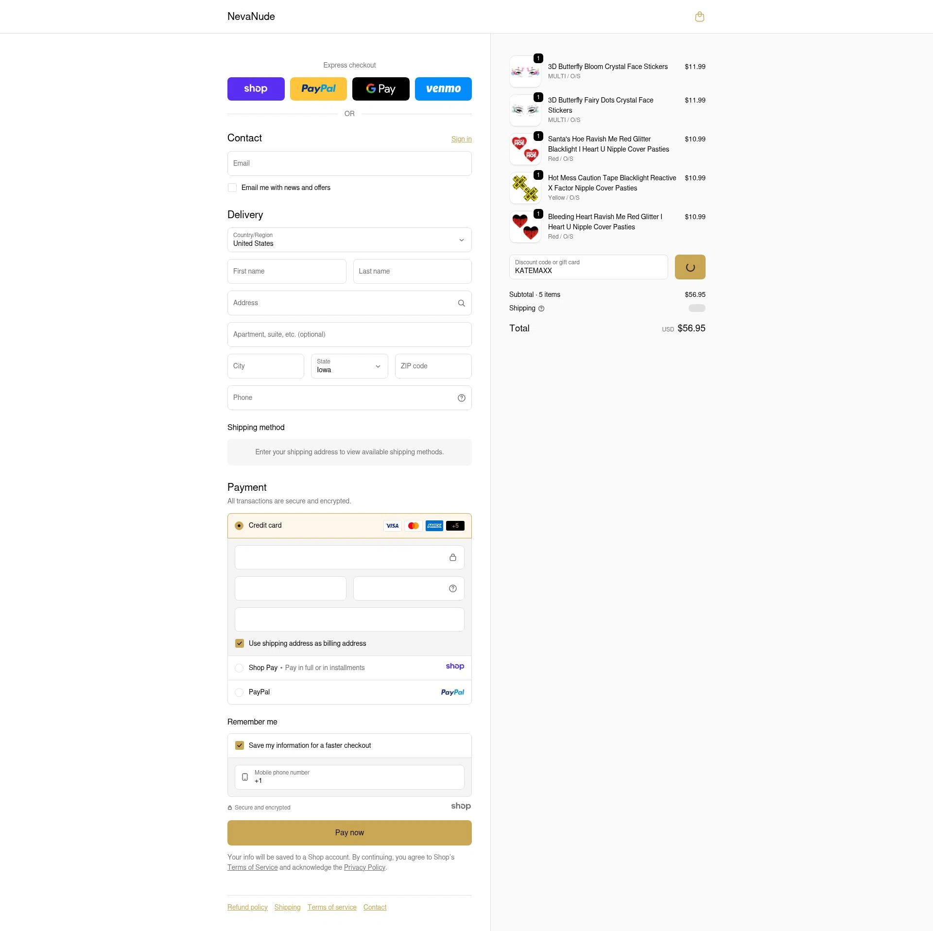 NevaNude checkout page showing NevaNude promo code box | Screenshot taken by SimplyCodes community member on Jan 5, 2026