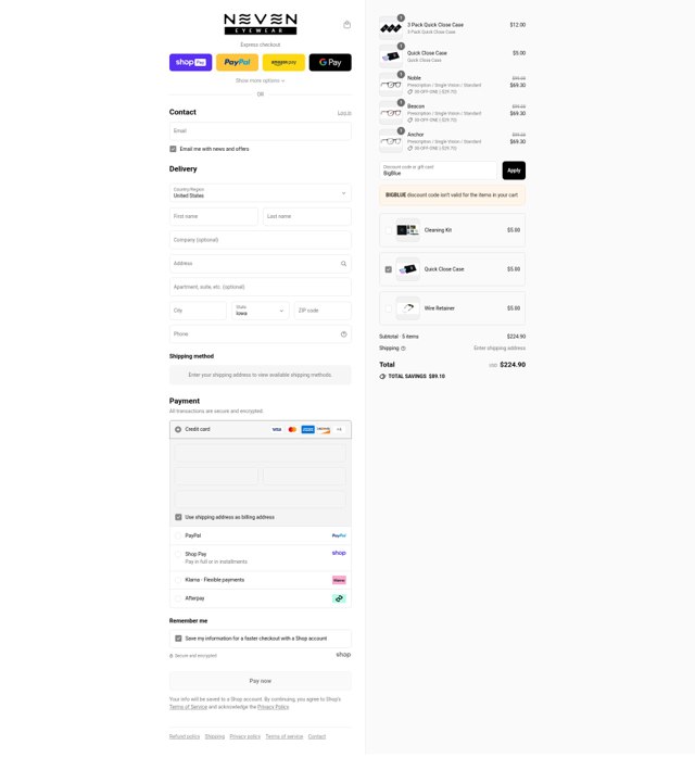 Neven Eyewear checkout page showing Neven Eyewear discount code box | Screenshot taken by SimplyCodes community member on Aug 22, 2025