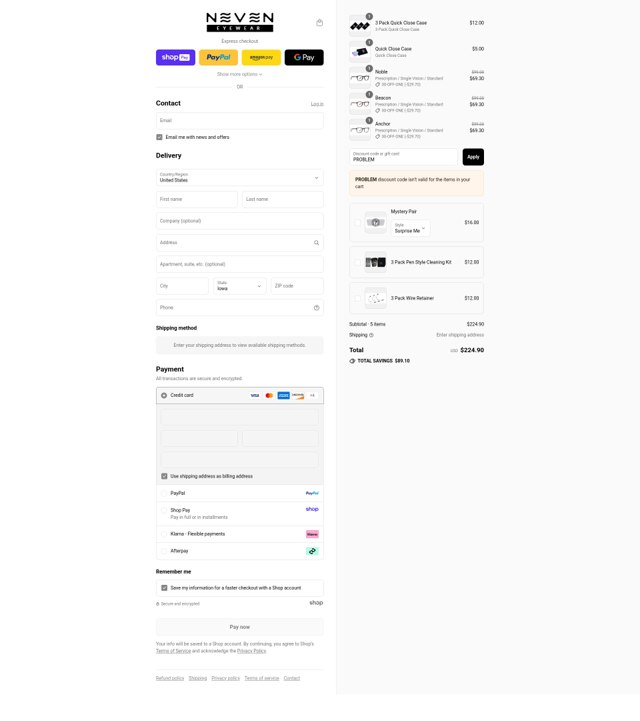 Neven Eyewear checkout page showing Neven Eyewear discount code box | Screenshot taken by SimplyCodes community member on Aug 27, 2025