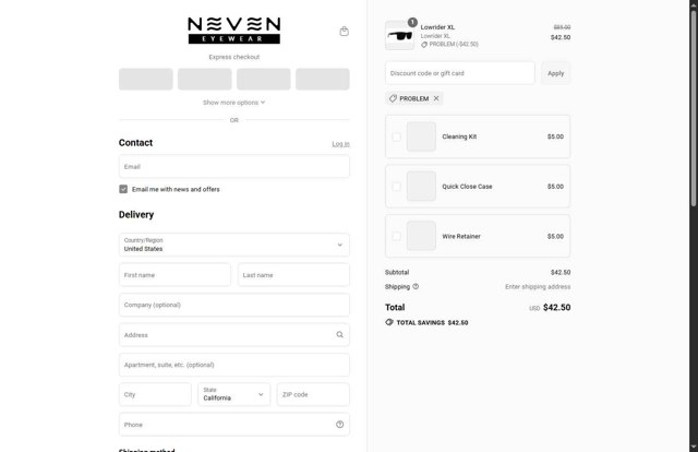 Neven Eyewear checkout page showing Neven Eyewear discount code box | Screenshot taken by SimplyCodes community member on Aug 23, 2025