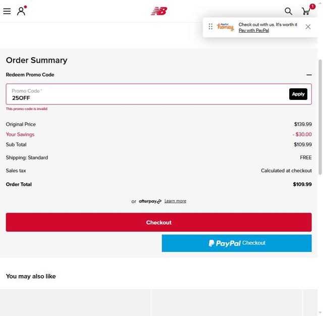 New Balance checkout page showing New Balance promo code box | Screenshot taken by SimplyCodes community member on Jul 4, 2025