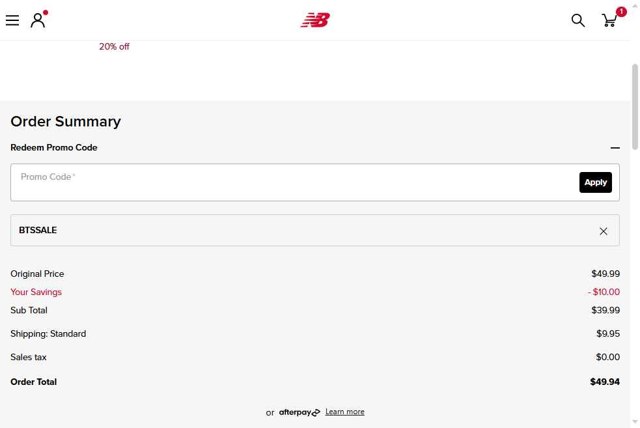 New Balance checkout page showing New Balance promo code box | Screenshot taken by SimplyCodes community member on Aug 13, 2025