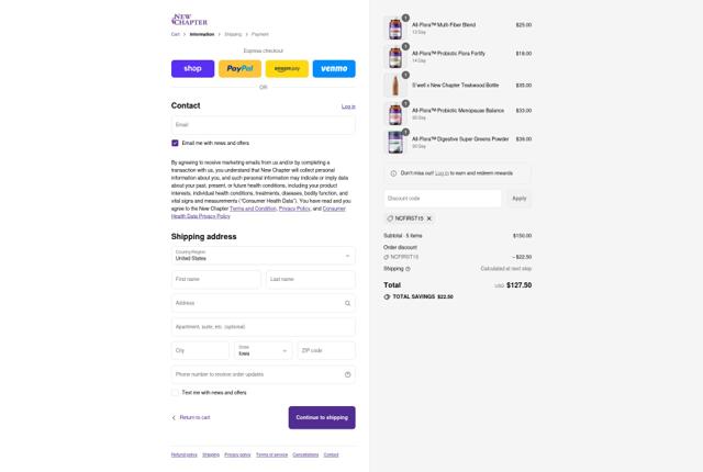 New Chapter checkout page showing New Chapter coupon code box | Screenshot taken by SimplyCodes community member on Sep 8, 2025