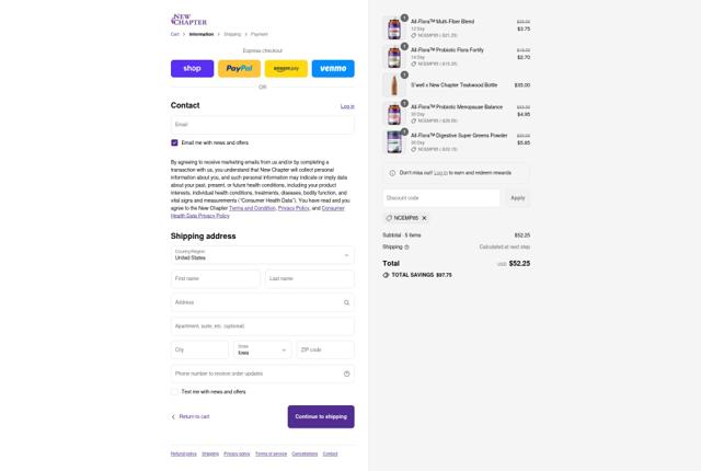 New Chapter checkout page showing New Chapter coupon code box | Screenshot taken by SimplyCodes community member on Sep 8, 2025