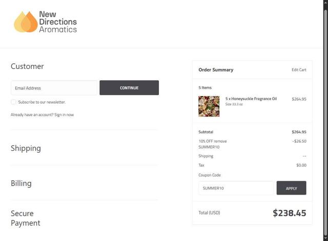 New Directions Aromatics checkout page showing New Directions Aromatics coupon code box | Screenshot taken by SimplyCodes community member on Aug 28, 2025