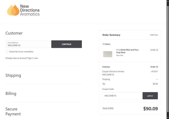 New Directions Aromatics checkout page showing New Directions Aromatics coupon code box | Screenshot taken by SimplyCodes community member on Jul 5, 2025
