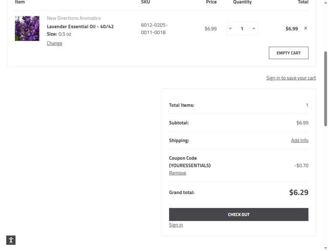 New Directions Aromatics checkout page showing New Directions Aromatics coupon code box | Screenshot taken by SimplyCodes community member on Sep 5, 2025