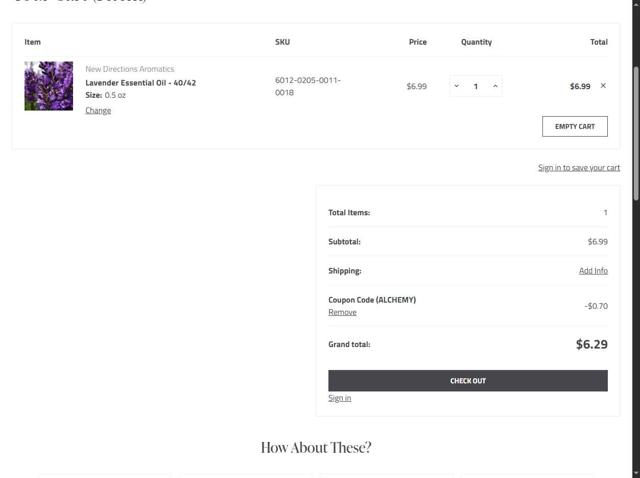 New Directions Aromatics checkout page showing New Directions Aromatics coupon code box | Screenshot taken by SimplyCodes community member on May 16, 2025