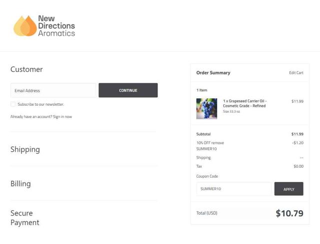 New Directions Aromatics checkout page showing New Directions Aromatics coupon code box | Screenshot taken by SimplyCodes community member on Aug 18, 2025
