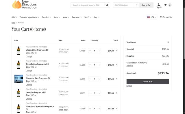 New Directions Aromatics checkout page showing New Directions Aromatics coupon code box | Screenshot taken by SimplyCodes community member on May 16, 2025
