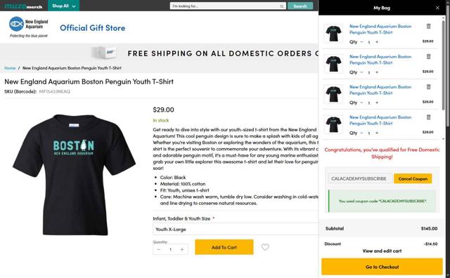 New England Aquarium checkout page showing New England Aquarium promo code box | Screenshot taken by SimplyCodes community member on Aug 19, 2025