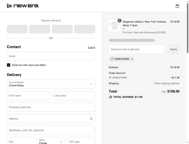 New Era Cap checkout page showing New Era Cap discount code box | Screenshot taken by SimplyCodes community member on Sep 2, 2025