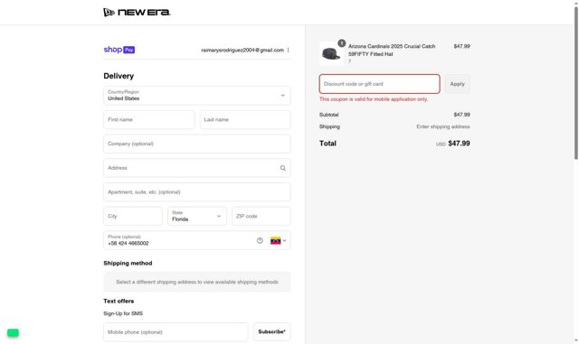 New Era Cap checkout page showing New Era Cap discount code box | Screenshot taken by SimplyCodes community member on Aug 27, 2025