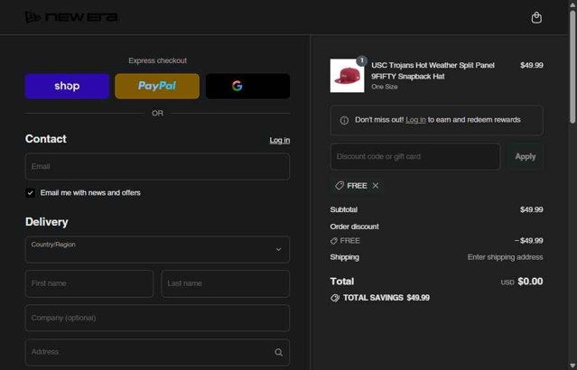 New Era Cap checkout page showing New Era Cap discount code box | Screenshot taken by SimplyCodes community member on Sep 1, 2025