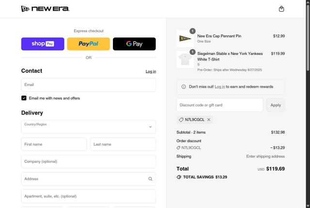 New Era Cap checkout page showing New Era Cap discount code box | Screenshot taken by SimplyCodes community member on Aug 28, 2025