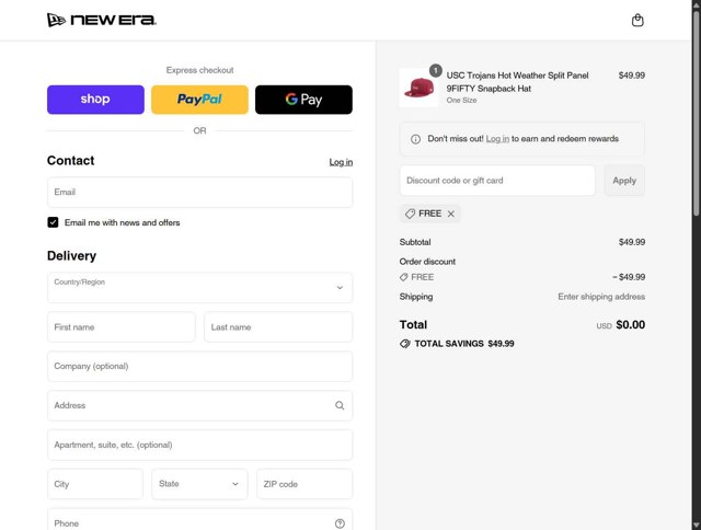 New Era Cap checkout page showing New Era Cap discount code box | Screenshot taken by SimplyCodes community member on Sep 4, 2025