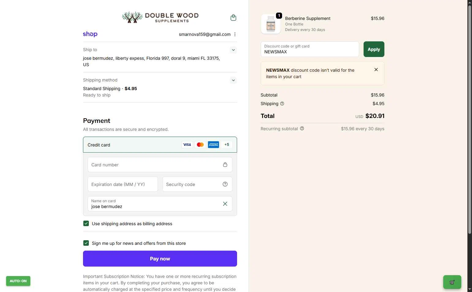 Newsmax checkout page showing Newsmax promo code box | Screenshot taken by SimplyCodes community member on Dec 12, 2025