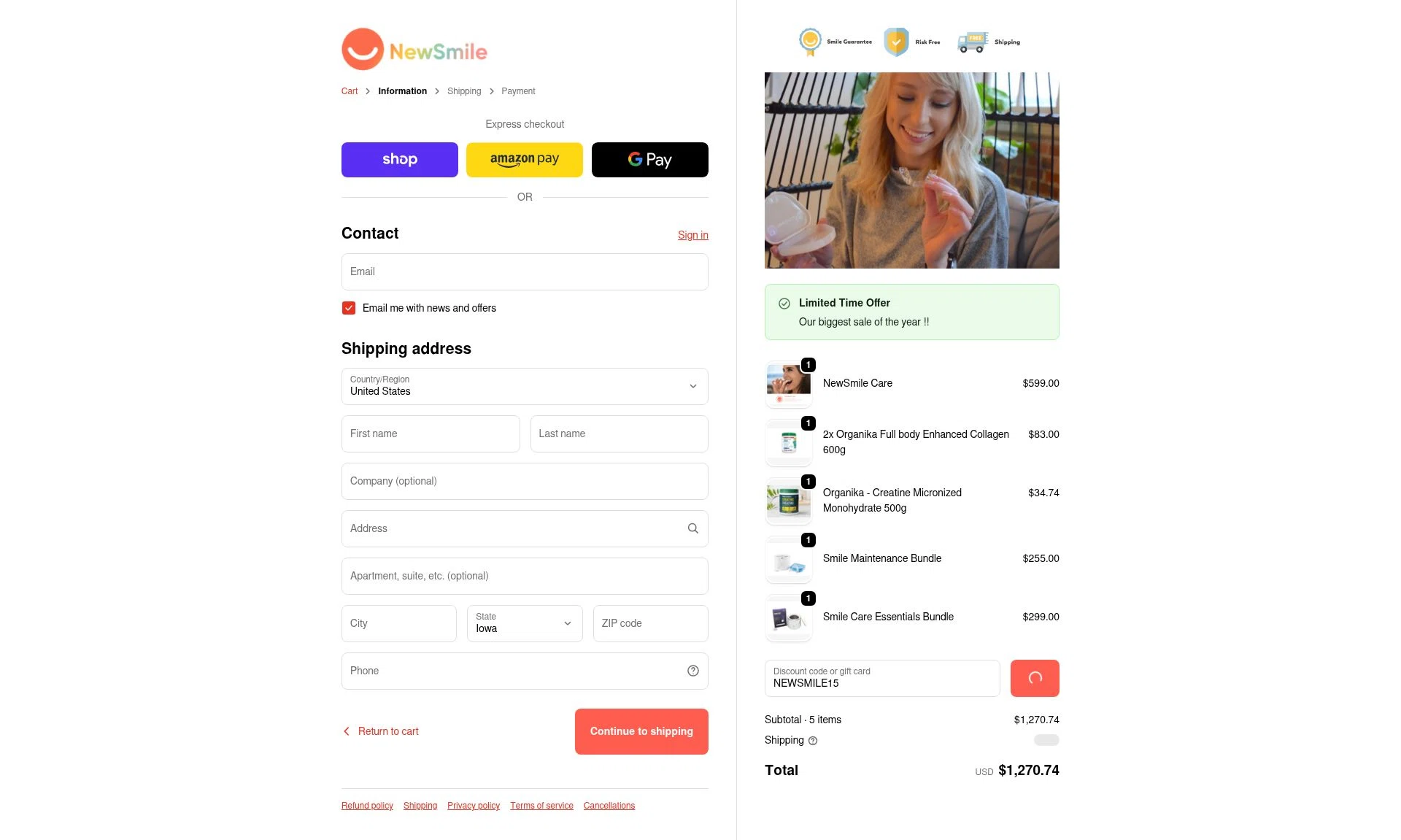 NewSmile checkout page showing NewSmile discount code box | Screenshot taken by SimplyCodes community member on Dec 31, 2025