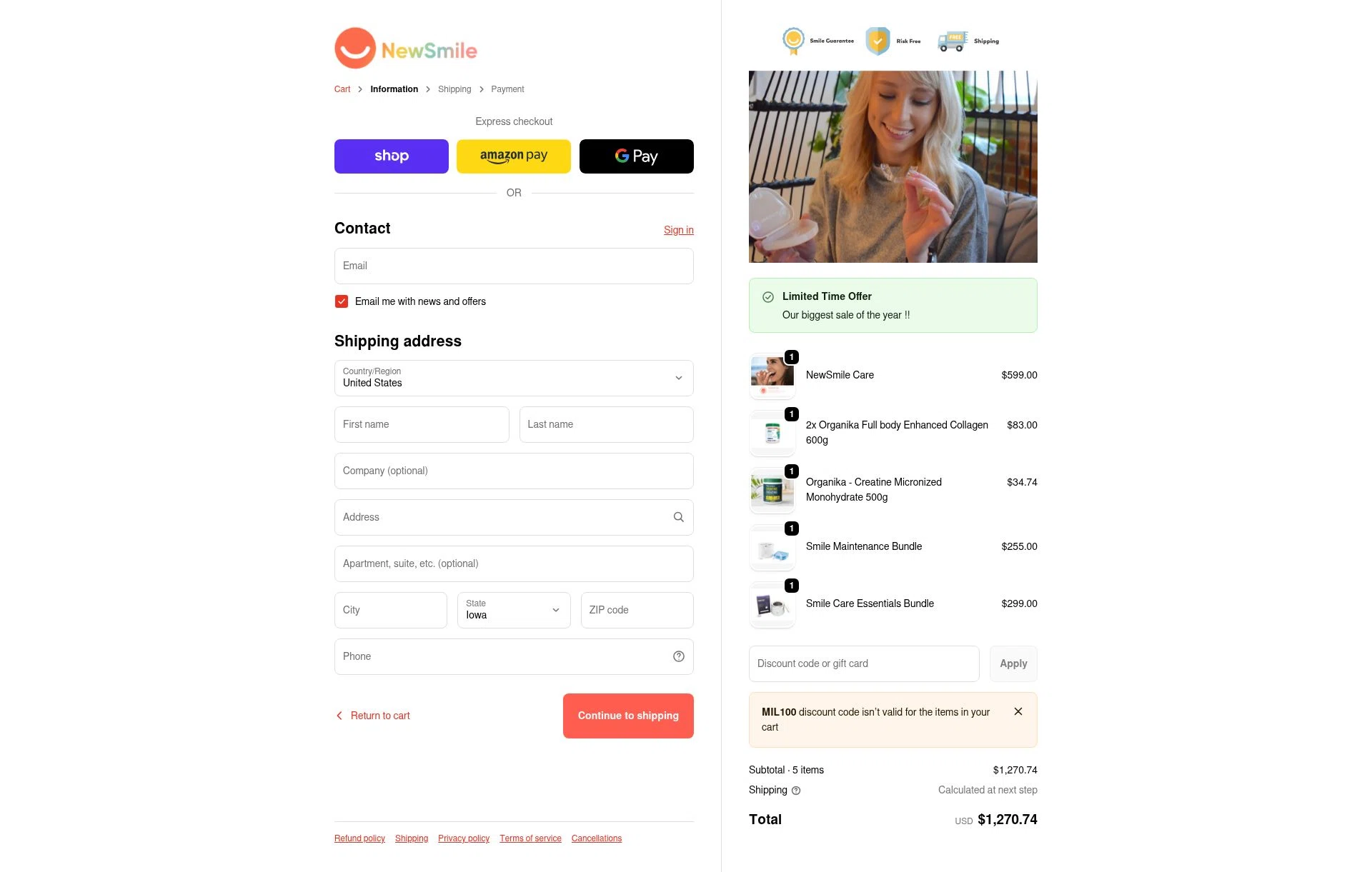 NewSmile checkout page showing NewSmile discount code box | Screenshot taken by SimplyCodes community member on Dec 31, 2025