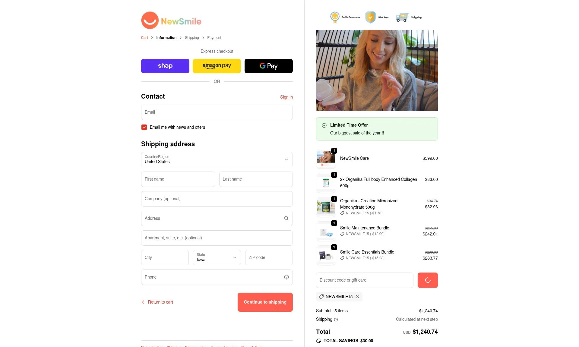 NewSmile checkout page showing NewSmile discount code box | Screenshot taken by SimplyCodes community member on Jan 5, 2026