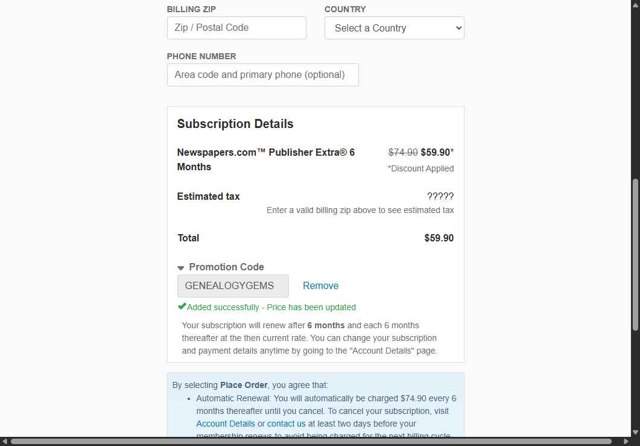 Newspapers.com checkout page showing Newspapers.com promo code box | Screenshot taken by SimplyCodes community member on Jun 28, 2025