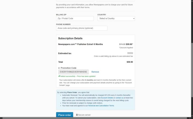 Newspapers.com checkout page showing Newspapers.com promo code box | Screenshot taken by SimplyCodes community member on Jun 28, 2025