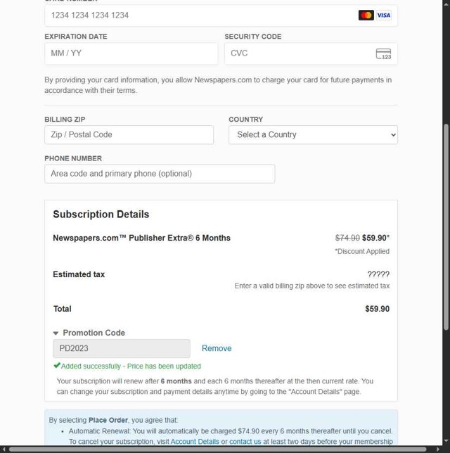 Newspapers.com checkout page showing Newspapers.com promo code box | Screenshot taken by SimplyCodes community member on May 21, 2025