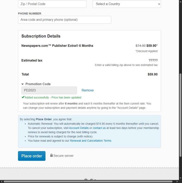 Newspapers.com checkout page showing Newspapers.com promo code box | Screenshot taken by SimplyCodes community member on May 21, 2025