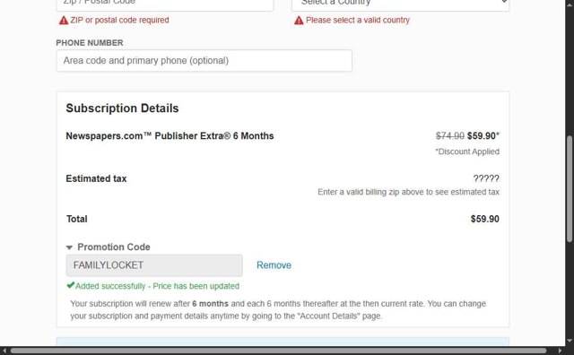 Newspapers.com checkout page showing Newspapers.com promo code box | Screenshot taken by SimplyCodes community member on May 2, 2025