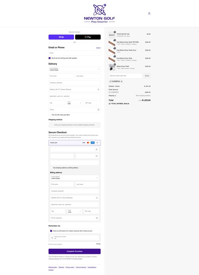 Newton Golf checkout page showing Newton Golf discount code box | Screenshot taken by SimplyCodes community member on Sep 12, 2025
