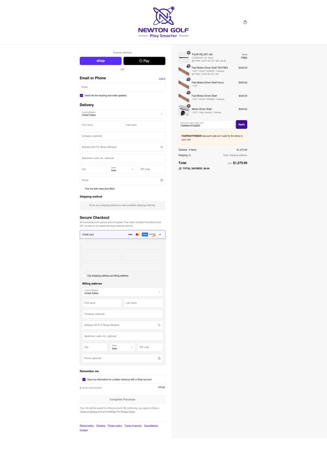 Newton Golf checkout page showing Newton Golf discount code box | Screenshot taken by SimplyCodes community member on Sep 8, 2025
